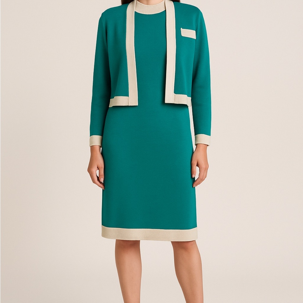 Vintage Teal and Cream Dress with Cardigan Set